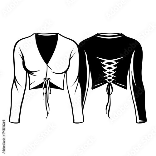 A technical fashion illustration shows a women's cardigan with a cropped, knit design, long sleeves, a v neck, and lace-up details, displayed in white on a CAD mockup template with both front and