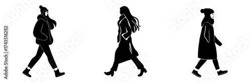 A modern illustration in a flat design style depicts a fashionable woman wearing warm autumn or winter clothing while walking down the street, isolated on a white background, suitable for web and