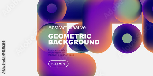 Vibrant geometric shapes overlap dark background. Text promotes creative design, includes read more button. Modern aesthetic.