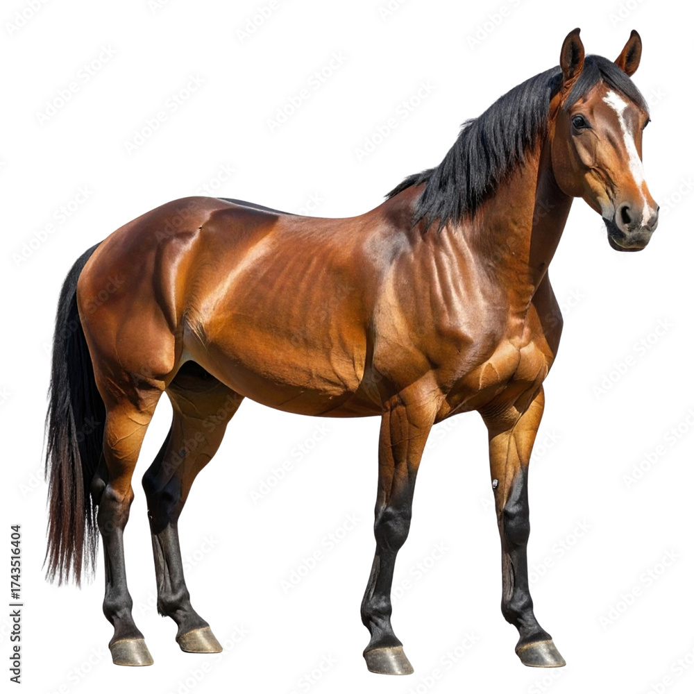Obraz premium Beautiful brown stallion horse standing on white isolated background with flowing mane