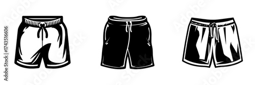 Modern technical illustration template for a short pant with a drawstring waist in a flat sketch cad drawing style