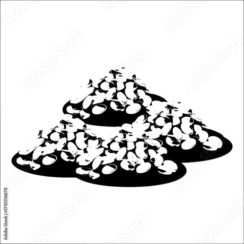 A modern cartoon illustration features piles of gold nuggets in different sizes, representing game icons of treasure, trophy, and wealth on a black background