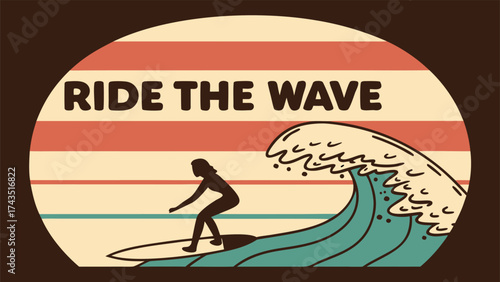 Retro inspired graphic illustration of a surfer riding a wave with a vintage aesthetic and vibrant colors
