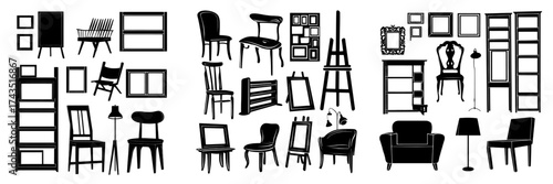 A modern cartoon illustration featuring art studio furniture and interior design elements is set against a white background, including chairs, shelves, paintings, sculptures, a lamp, empty frames,