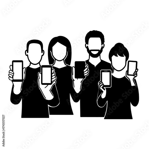 In a modern flat illustration, diverse men and women are shown holding mobile phones in their hands, looking at and pointing to blank screens that display only white