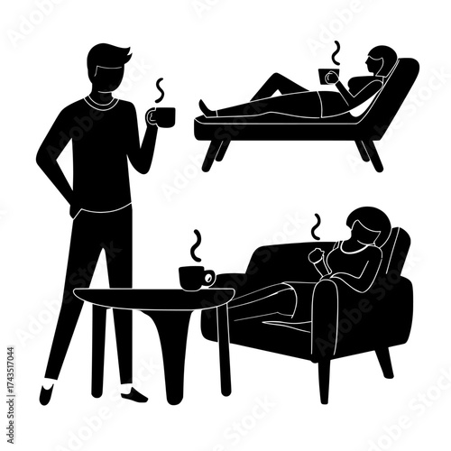 A linear flat modern illustration portrays people relaxing and drinking in their homes, bars, and outdoor areas, with lazy men and women characters reclining on a couch, seated at a table, or sitting