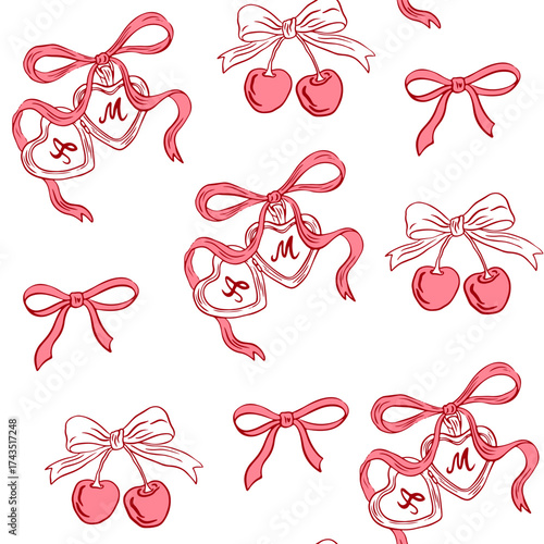 Hand drawn wedding seamless pattern. Vintage whimsical coquette background with locket, cherry and bow for wedding invitation, valentine day. La dolce vita. Vector romantic wallpaper, wrapping 
