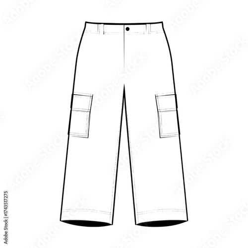 Technical fashion illustration of cargo pants is available, along with jeans pants fashion template, including pockets and front and back views in white for women, men, and unisex, as a CAD mockup