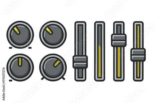 Collection of rotary knobs and vertical faders for audio mixing interface design