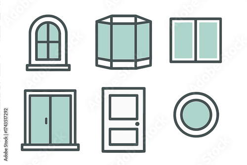 Collection of architectural icons showing various styles of windows and doors for building design