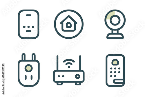 Collection of smart home technology devices including security camera and wireless router