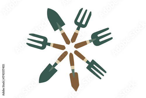 Circular arrangement of essential gardening tools like trowels and hand forks
