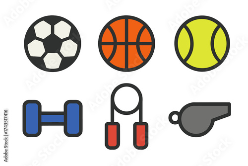 Colorful collection of sports and fitness equipment icons including soccer ball, basketball, tennis ball, dumbbell, and whistle