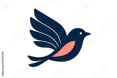 Minimalist dark blue bird flying with wings spread and coral accent
