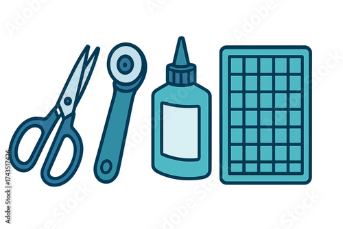 Essential sewing and crafting supplies featuring scissors rotary cutter adhesive and grid mat