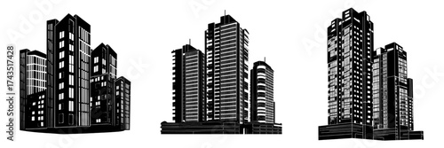 A modern set of city tower blocks features high-rise, glassy, and tall apartment buildings as part of a multi-storey public housing project and social urban residence development in a contemporary