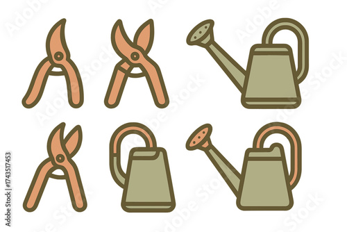 Collection of essential gardening tools including pruners watering cans and shears