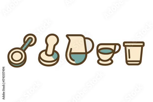 Minimalist set of coffee preparation equipment including tamper, portafilter, pitcher, and cups