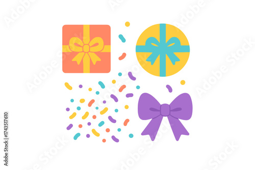 Festive set of colorful gift boxes, a large decorative bow, and scattered confetti elements