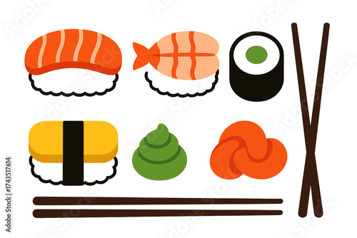 Japanese sushi and sashimi food items with chopsticks and condiments set