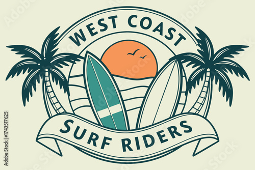Retro surf club emblem design featuring a stylized palm tree and vintage typography for a cool beach vibe