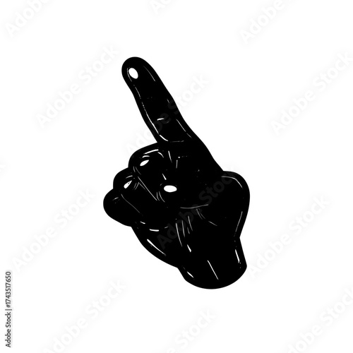 In a 3D rendering, a male hand is shown with its index finger pointing upwards, indicating an idea or a call for attention, isolated on a white background and designed in a colorful, friendly plastic