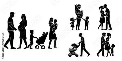 The stages of family development, life cycle, and children's growth process are depicted in a modern illustration of a loving couple, from pregnancy to the birth of their kids