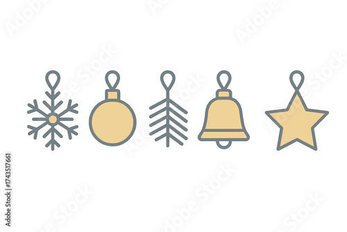 Simple Christmas holiday ornaments collection featuring snowflake bauble bell and star designs