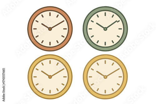 Set of four simple analog wall clocks showing different times in various muted colors