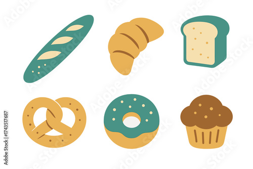 Stylized collection of bakery and breakfast foods including bread, croissant, donut, and pretzel