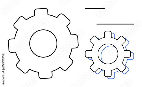 Two simplified gears of different sizes, overlapping with minimalist design and lines. Ideal for teamwork, collaboration, workflow, engineering, automation, process improvement, and systems