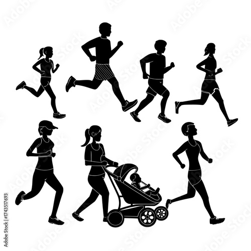 A group of individuals, including adults and kids, are participating in a marathon, engaging in sports and exercise or competing, with men and women, as well as a mother pushing a baby in a stroller