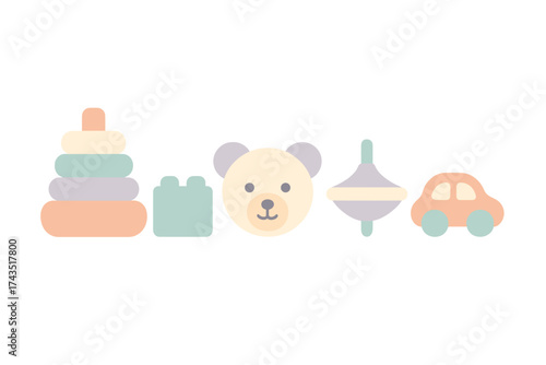 Colorful assortment of baby toys including stacking pyramid, teddy bear, building block, and small car