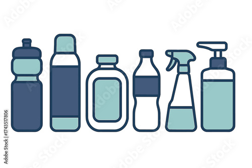 Assortment of plastic containers for cleaning, hygiene, and beverage liquids