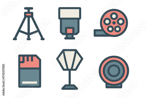 Set of professional photography and filmmaking accessories and equipment icons