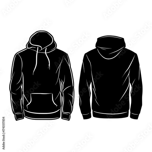 Modern illustration of a long sleeve hoodie is presented in a flat sketch format, complete with front and back views, as a drawing template for apparel design, featuring an easy-to-edit and