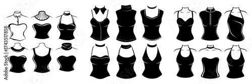 Technical fashion illustration of various necklines on clothing items including collars, plackets, knits, sweaters, tops, strapless, turtlenecks, tank, and halter necks in a flat template from the