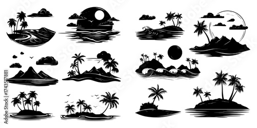 A nighttime tropical sea beach landscape features a blue seascape with ocean waves, islands boasting sandy coasts, palm trees, and mountains, all set beneath clouds and a full moon in a modern