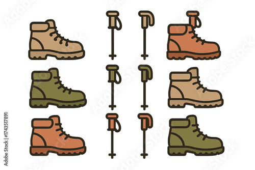 Collection of hiking boots and trekking poles for outdoor adventure and travel
