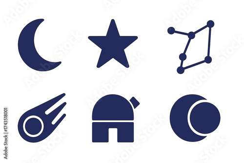 Collection of six simple celestial and astronomical icons featuring moon, star, comet, and constellation symbols