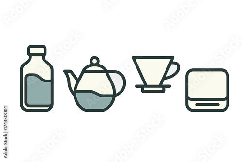 Minimalist set of coffee preparation tools: kettle, bottle, pour-over dripper, and scale