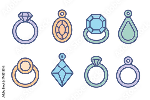 Colorful set of eight luxury jewelry items including diamond rings and precious stone charms