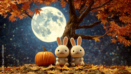Couple of little rabbit under full moon night with Autumn Maple Tree - Moon Cake & Halloween Festival