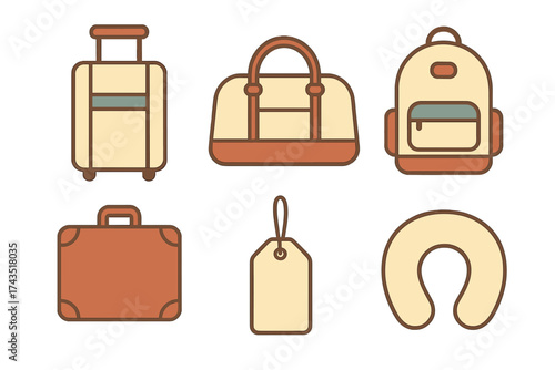 Essential travel luggage and accessories set including rolling suitcase, backpack, duffel bag, and neck pillow