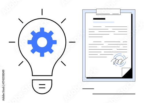 Light bulb with gear symbolizing ideas and innovation next to document with signature denoting agreement. Ideal for creativity, business strategy, contract, innovation management, intellectual