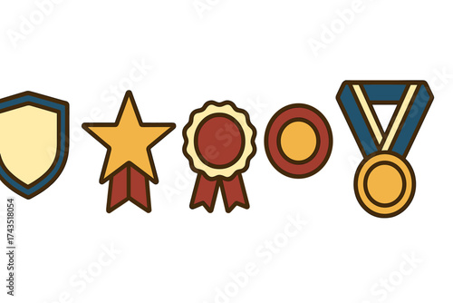 Colorful set of five achievement awards including shield star rosette badge and gold medal