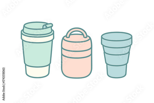 Eco friendly reusable travel containers set featuring a coffee mug, lunch box, and collapsible cup