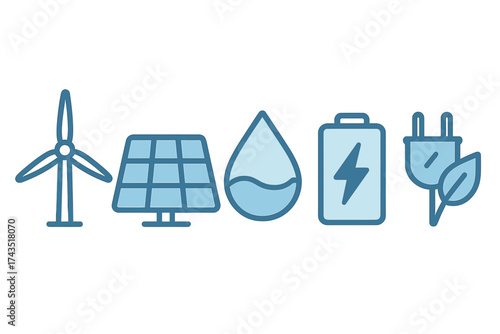 Set of renewable energy icons: wind, solar, water, and battery storage symbols