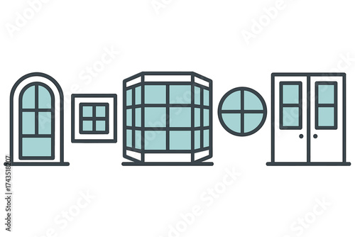 Collection of various window shapes and exterior door designs for architectural construction
