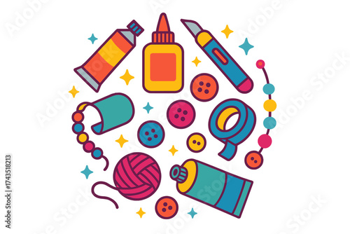 Vibrant circular arrangement of colorful craft supplies and artistic tools on white